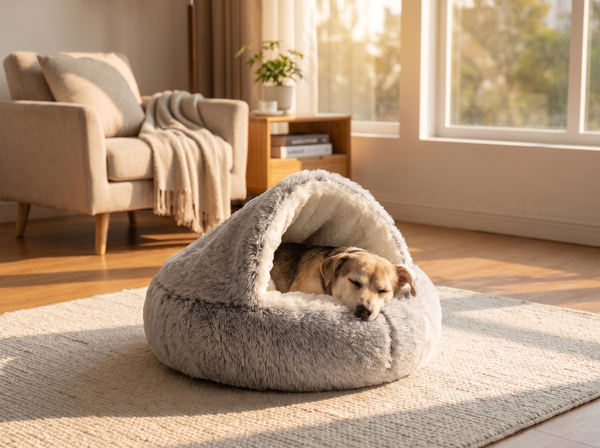 Dog nestled inside the hooded PawSerene Calming Nest cave bed in a cozy living room