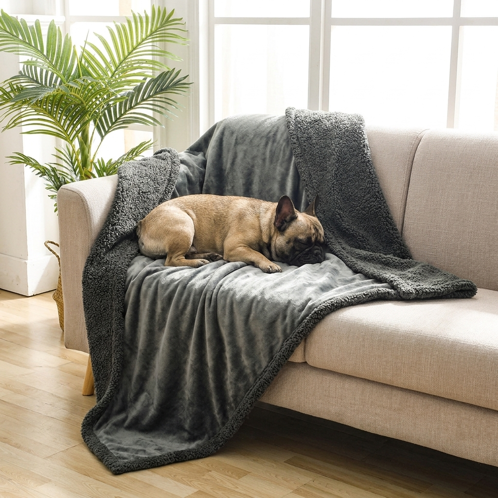 Gray Calming Blanket on sofa corner with sleeping french bulldog