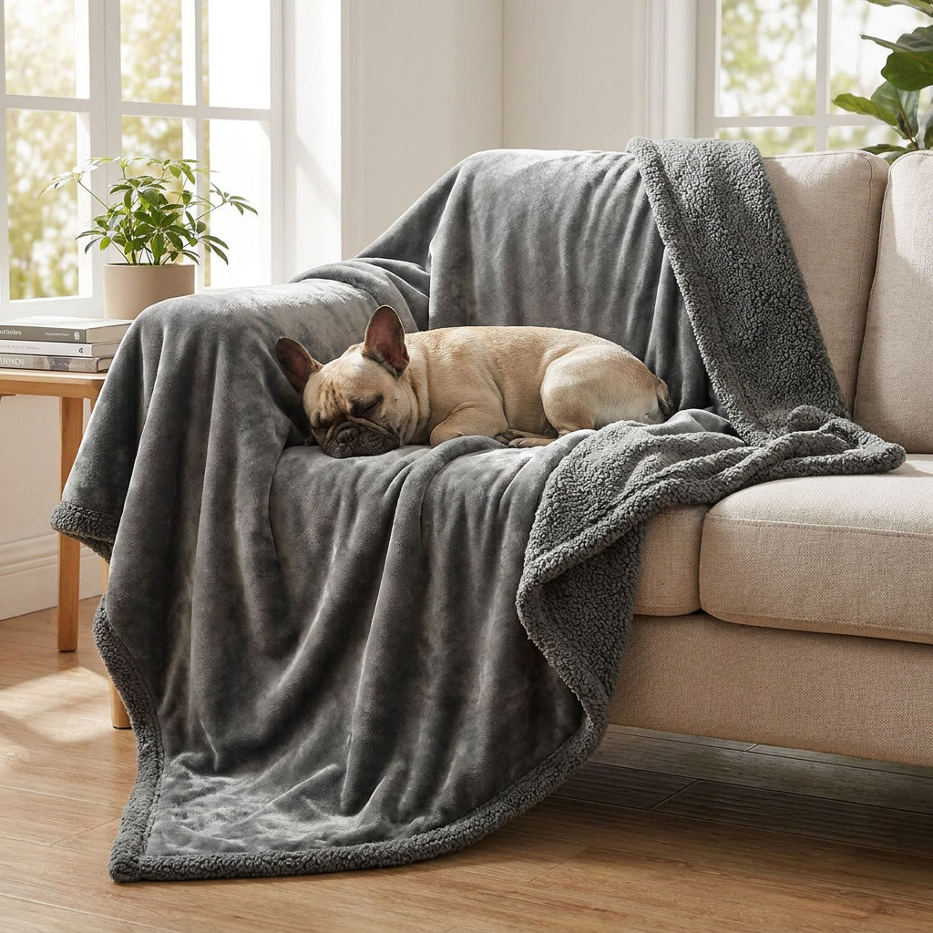 Cloud Gray Calming Blanket protecting the couch, french bulldog asleep
