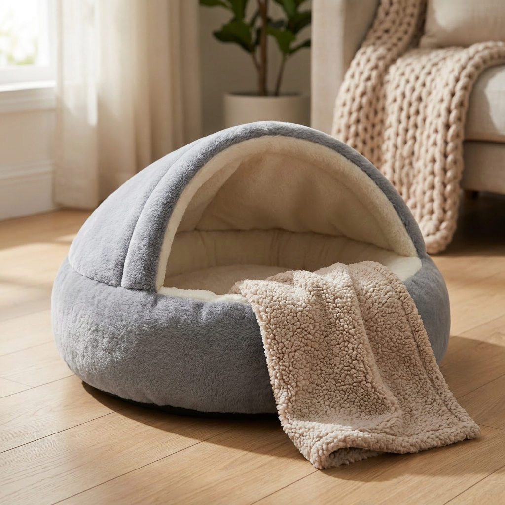 Warm Beige Calming Blanket folded on the Calming Nest, morning light