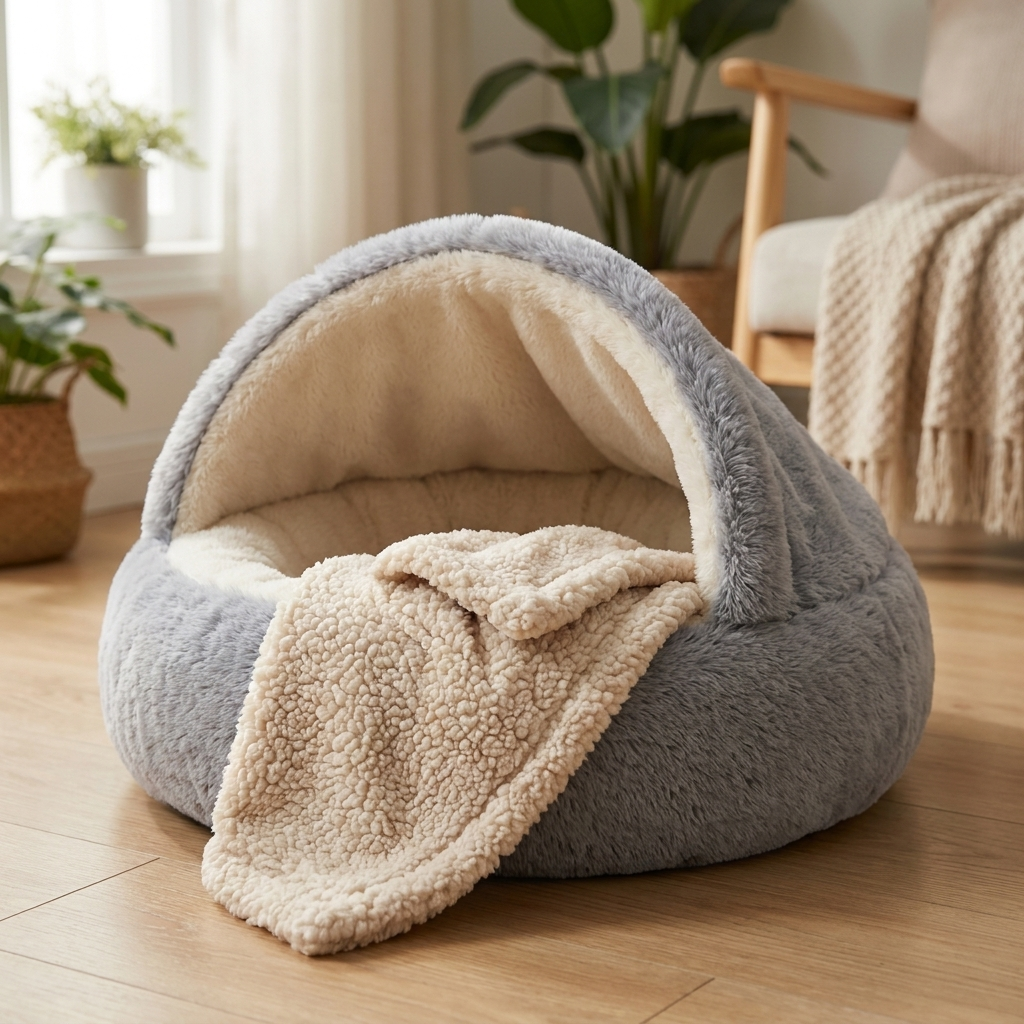 PawSerene Calming Blanket in Warm Beige draped over the Calming Nest rim