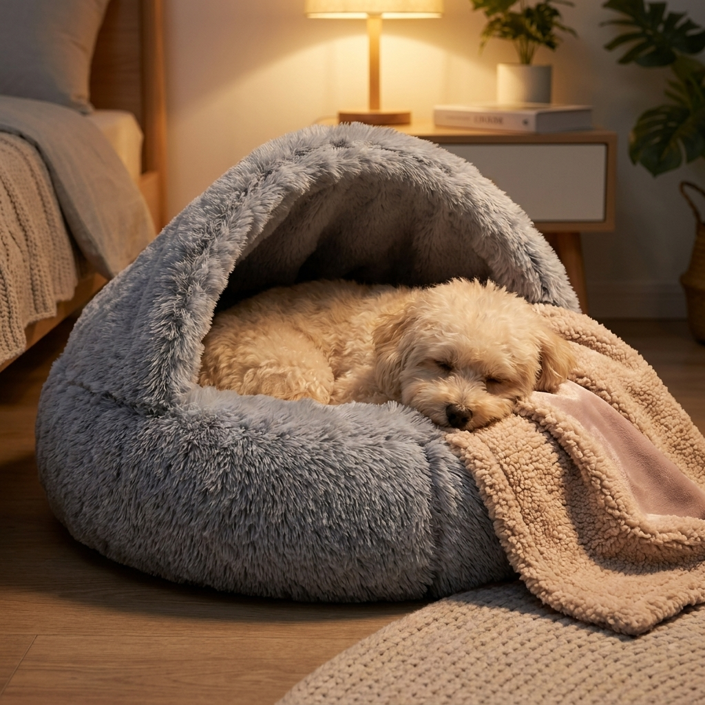 Pup asleep inside the Calming Nest under the Calming Blanket