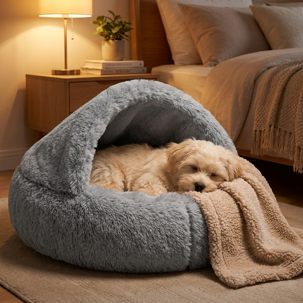 Evening scene: dog burrowed in the Calming Nest with the blanket on top