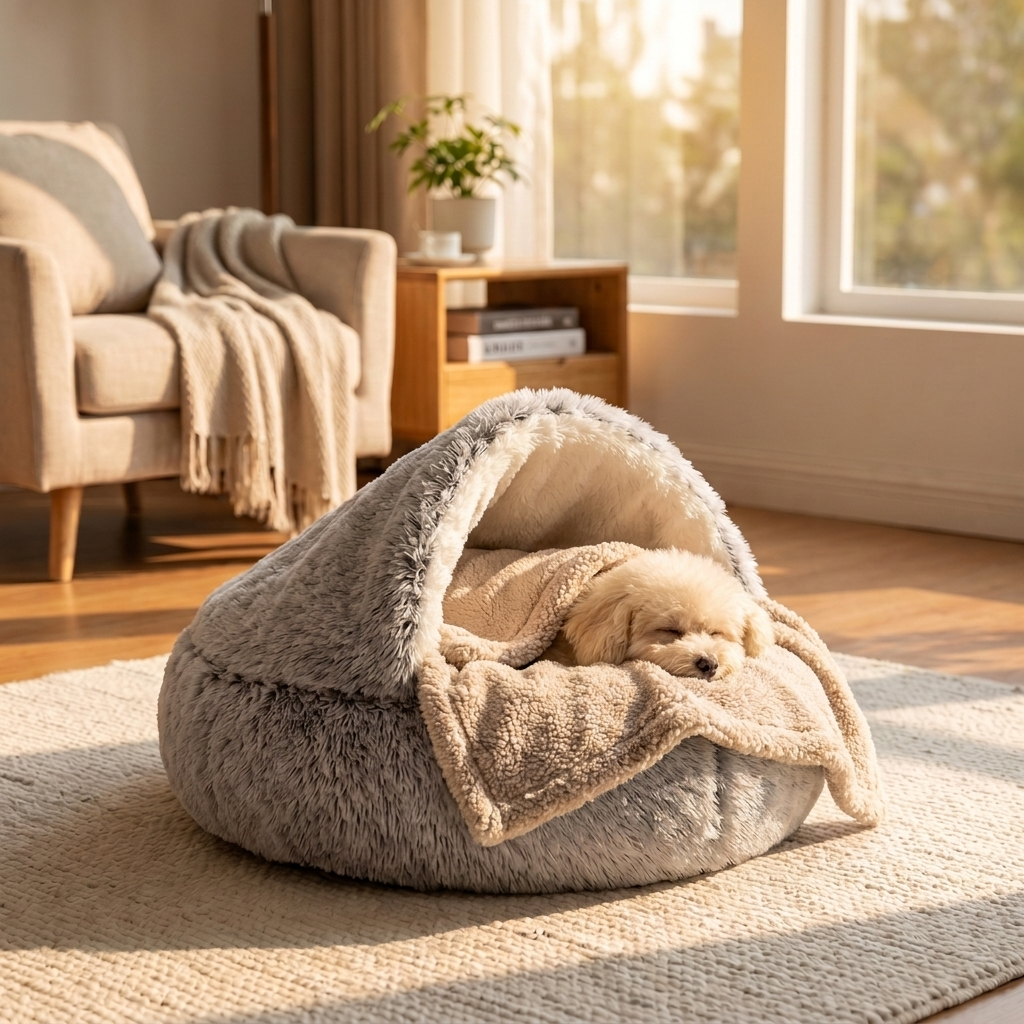 Calming Nest + Calming Blanket combo, warm beige over sleeping dog