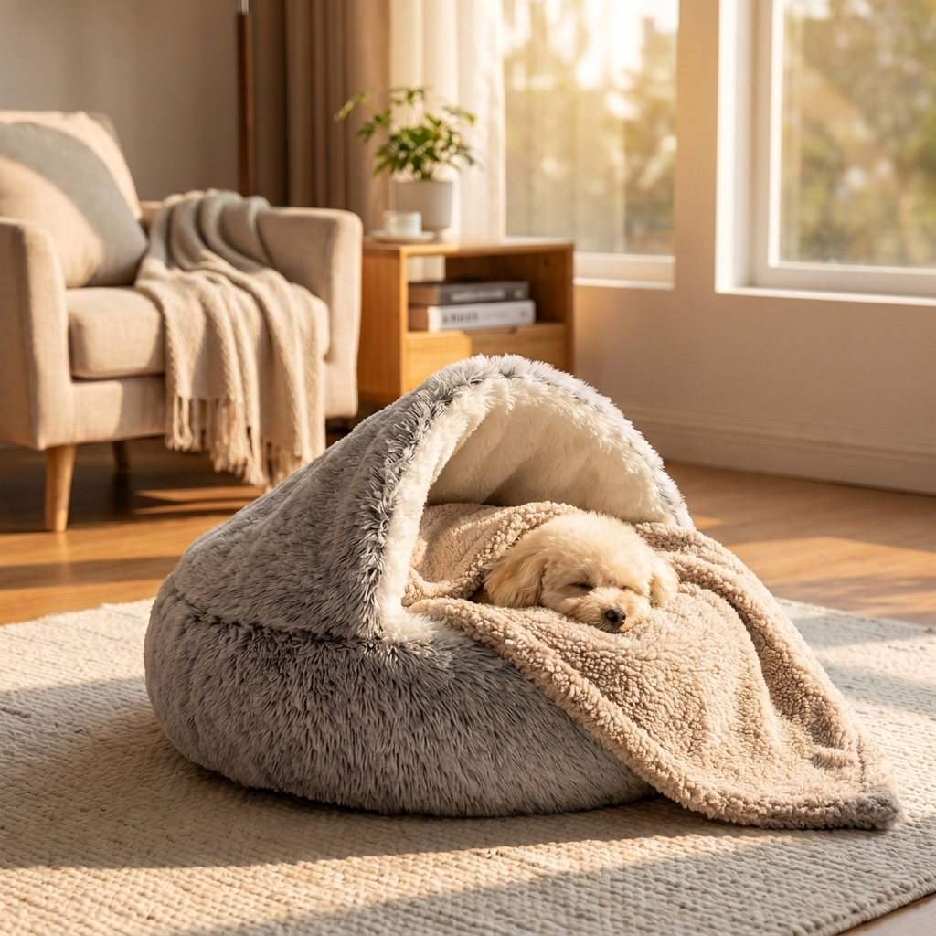 The perfect combo: pup asleep in the Calming Nest with the Calming Blanket tucked over like a duvet