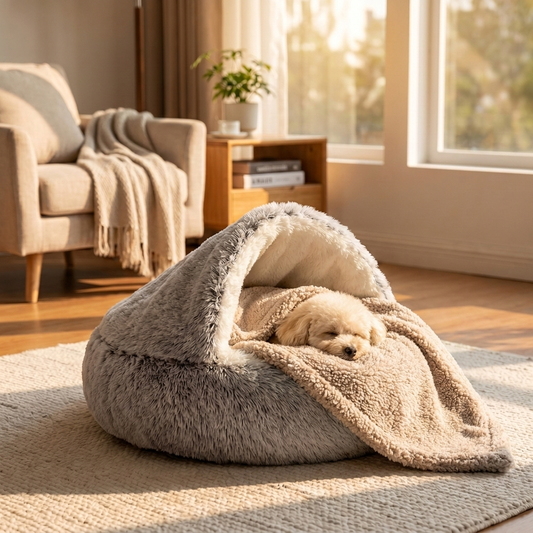 The perfect combo: pup asleep in the Calming Nest with the Calming Blanket tucked over like a duvet