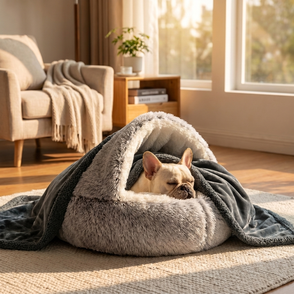 French bulldog peeking from the Calming Nest under the Cloud Gray Calming Blanket