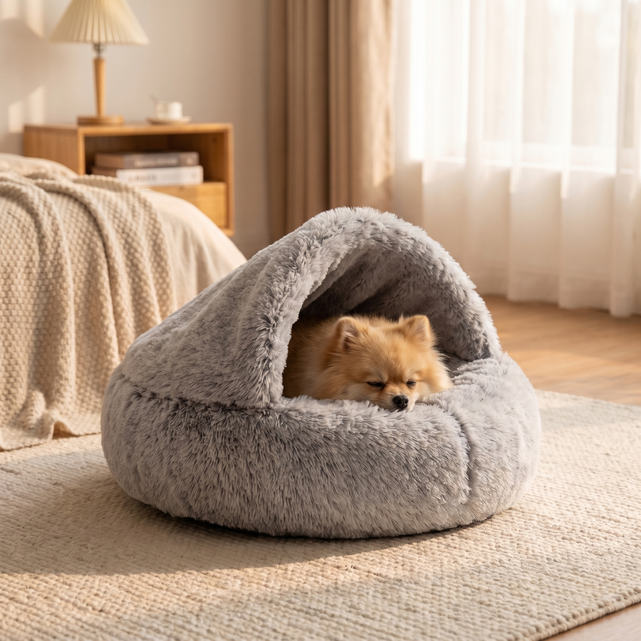 Small dog nestled inside the hooded PawSerene Calming Nest cave bed, peeking out of the hood