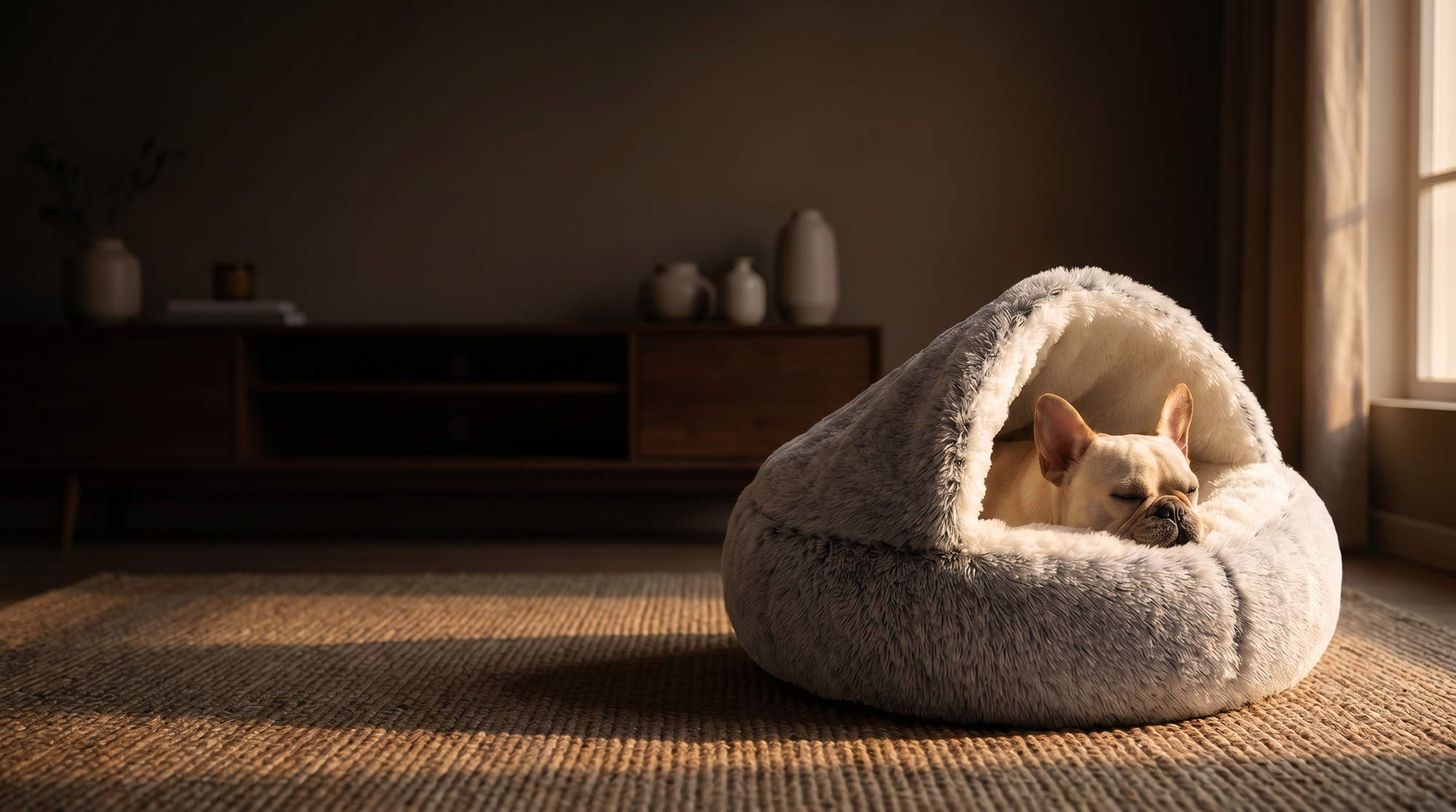 Dog nestled inside the PawSerene Calming Nest hooded cave bed in a cozy living room